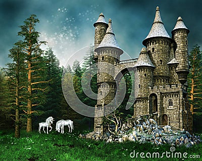 Castle and unicorns on a meadow Stock Photo