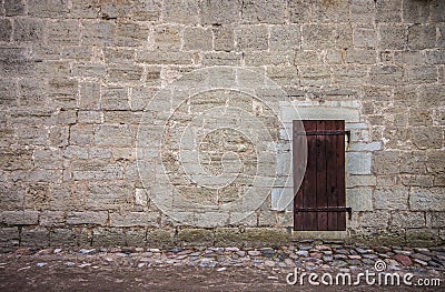 Castle wall and wooden door Stock Photo