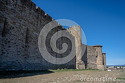 Castle walls of the fortress La CitÃ©, Carcassonne, France Stock Photo
