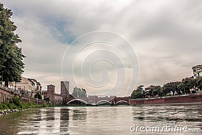 The castle was built between 1354 and 1356 by Cangrande II della Scala to have a fortified control center over the Adige at the no Stock Photo