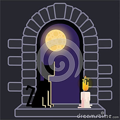 Castle window with black cat and candle Vector Illustration