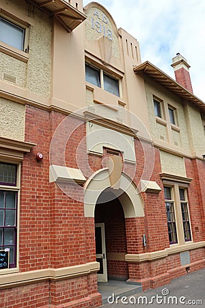 The former technical school in Castlemaine 1918 has been converted into a supermarket and mall but retains its historical facade Editorial Stock Photo