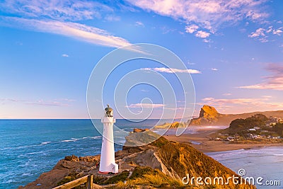 Castlepoint Lighthouse and Castle Rock is located on the east coast of the Wairarapa region near Masterton, New Zealand. Stock Photo