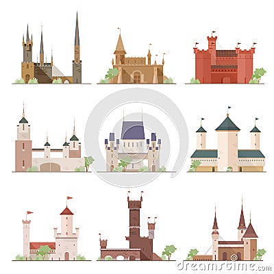 Castles and fortresses set. Flat cartoon style vector illustrations collection. Vector Illustration