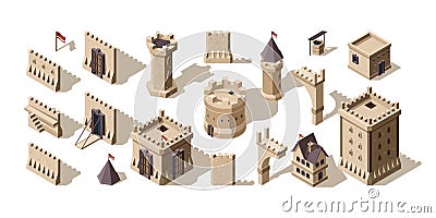 Castles isometric. Medieval buildings brick wall for low poly game asset old fort vector set Vector Illustration