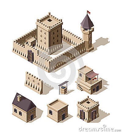 Castles isometric. Medieval historical cartoon architecture buildings ancient farm houses vector castles Vector Illustration