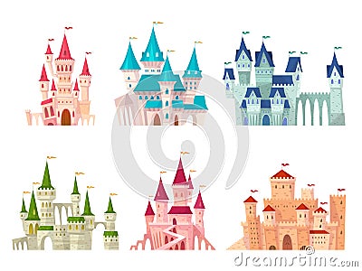 Castles set. Medieval castle towers fairytale mansion fortress fortified palace gate ancient gothic citadel cartoon set Vector Illustration