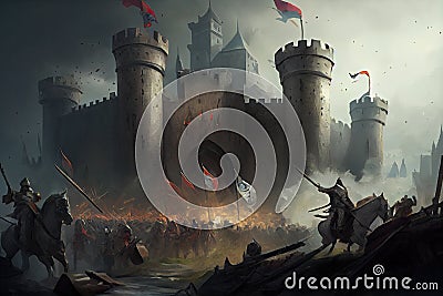 castles under siege with the defenders desperately fighting off invading force Stock Photo