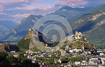 Castles Valere and Tourbillon, Sion, Switzerland in the evening light Stock Photo