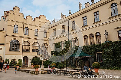 Castolovice, Eastern Bohemia, Czech Republic, 11 September 2021: renaissance castle with tower at sunny day, courtyard with Editorial Stock Photo