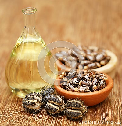 Castor beans and oil Stock Photo