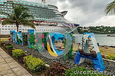 St Lucia sign and MV Ventura Pointe Seraphine Cruise port Castries St Lucia Editorial Stock Photo