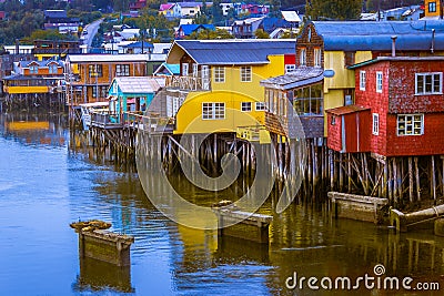 Castro, Chiloe Island, Chile - Evening View of the Colorful Stilt Houses Editorial Stock Photo