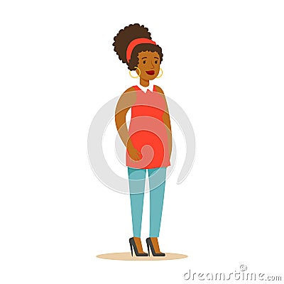 Casual African American girl in casual clothes wirh big earrings. Colorful cartoon character vector Illustration Vector Illustration