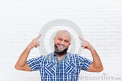 Casual Bald Bearded Business Man Smiling Point Fingers Up Head Stock Photo