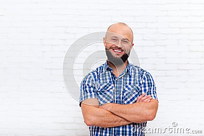 Casual Bearded Man Smiling Folded Hands Stock Photo