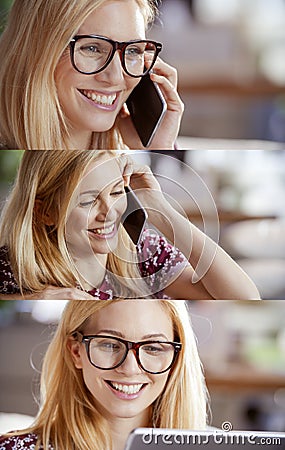 Casual blonde woman set,businesswoman talking by smartphone and using tablet to browse internet.Technology use portrait Stock Photo