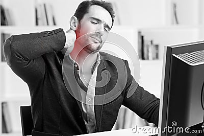 Casual Businessman With Pain In His Neck Stock Photo