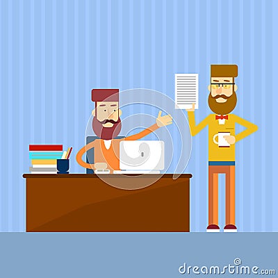 Casual Businessman Sitting Office Desk Give Document Report Vector Illustration