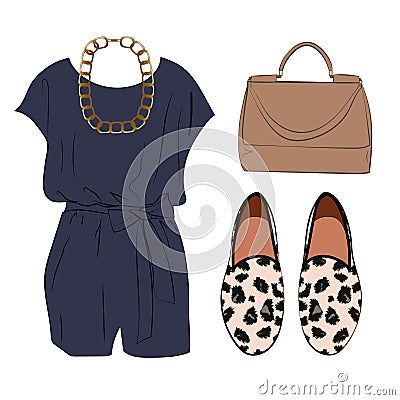 Casual chic styling idea, look with romper, bag and animal print shoes Vector Illustration