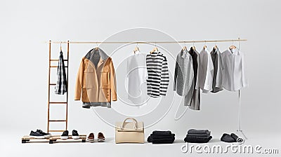 Casual clothing on a wooden clothes rack. Coat, shirts, shoes, bag, on white background with copy space. Generative AI Stock Photo