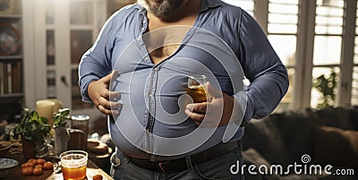 Casual Contours - Man with big beer belly at home. Generative AI Stock Photo
