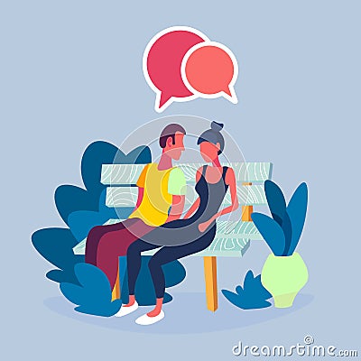 Casual couple sitting wooden bench man woman chat bubble communication concept combined speech dialog male female Vector Illustration