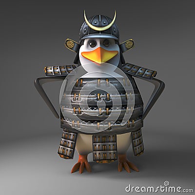 Casual 3d cartoon samurai penguin warrior with hands on hips, 3d illustration Cartoon Illustration