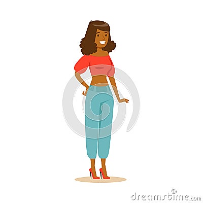 Casual dark skinned woman standing. Colorful cartoon character vector Illustration Vector Illustration