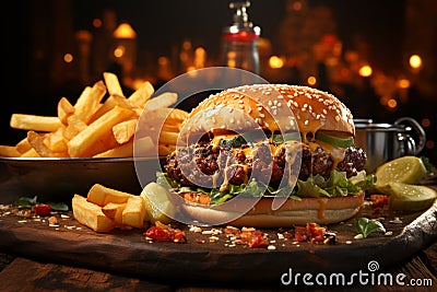 Casual diner charm, fresh burger and fries on a rustic table Stock Photo