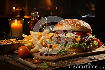 Casual diner charm, fresh burger and fries on a rustic table Stock Photo