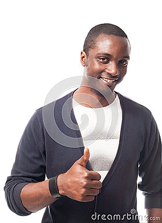 Casual dressed black man with thumbs up. Stock Photo