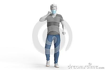 Casual dressed guy wearing disposable protective face mask. 3D illustration Cartoon Illustration