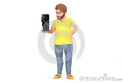 Casual dressed man holding video graphic card. Isolated on white background. 3D Rendering Stock Photo