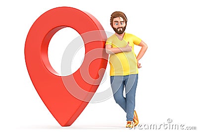 Casual dressed man leaned on map location pin. Navigation concept. Isolated. 3D Rendering Stock Photo