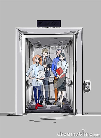 Casual dressed men and women in the elevator Vector Illustration