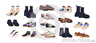 Casual fashion footwear set. Heeled and sport foot wear. Fall boots, summer sandals, modern sneakers. Different designs Vector Illustration
