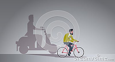 Casual guy riding bike shadow of man on motor scooter imagination aspiration concept male cartoon character full length Vector Illustration