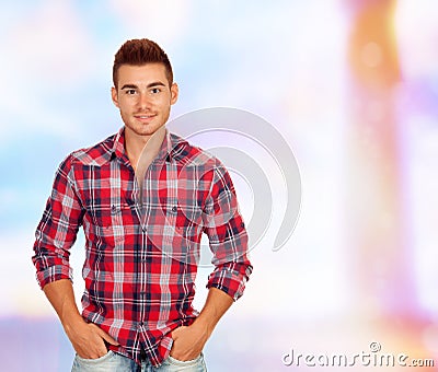 Casual handsome men with red plaid shirt Stock Photo