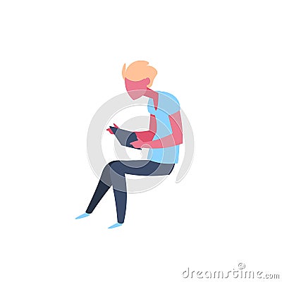 Casual man using tablet character sitting pose isolated male cartoon full length flat Vector Illustration