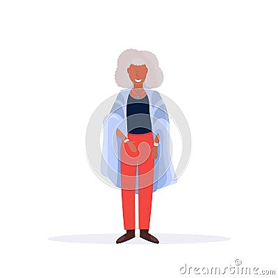 Casual mature woman standing pose smiling senior african american lady wearing trendy clothes female cartoon character Vector Illustration