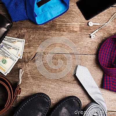 Casual mens fashion and outfits on the wooden table, flat lay, top view. square Stock Photo