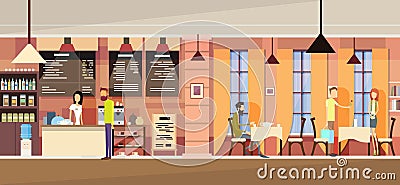 Casual People Group In Modern Cafe, Waitress Chatting, Couple Date, Students University Campus Vector Illustration