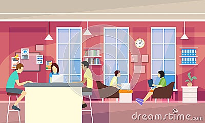 Casual People Group In Modern Office Sit Chatting, Students University Campus Vector Illustration