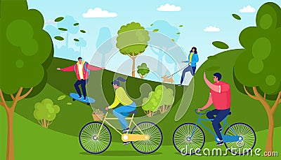 Casual people outside activity, vector illustration. Active recreation in park, riding bike, skateboarding, running and Vector Illustration