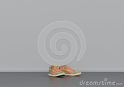 Casual sneaker shoes on the ground, cloth and accessories in a grey interior room with copy space, 3d Rendering Stock Photo