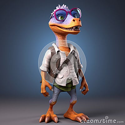 Casual Stylized Cartoon Velociraptor 3d Model With Glasses And Vest Stock Photo