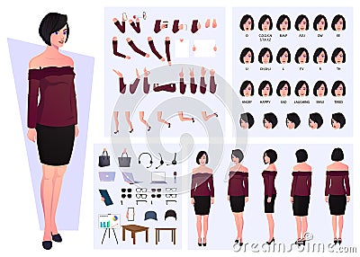 Casual Woman Character Set with Emotions, Expressions, Gestures, and Lip sync Vector Illustration