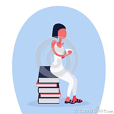 Casual woman sitting book stack holding coffee cup break concept student education process cartoon character flat Vector Illustration