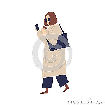 Casual woman in sunglasses drinking beverage from paper cup use straw vector flat illustration. Fashionable female going Vector Illustration